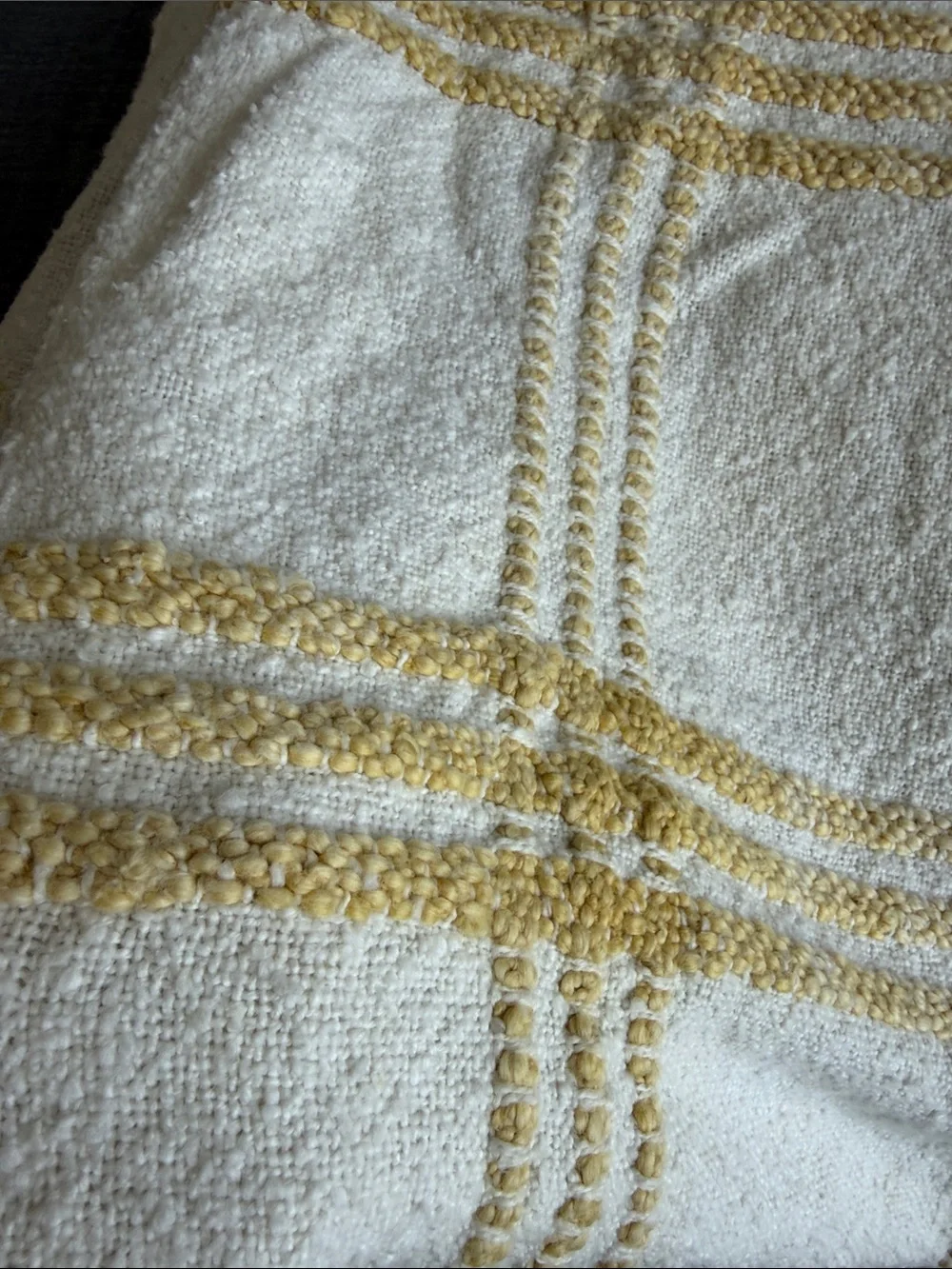 Cream Throw Blanket with Mustard Grid and Fringe